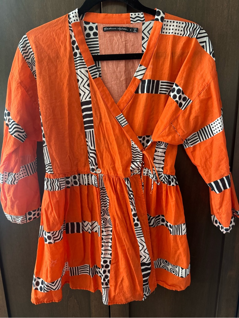Gudrun Sjoden Patchwork Print Wrap Tunic Top - Orange Sz S Organic Cotton